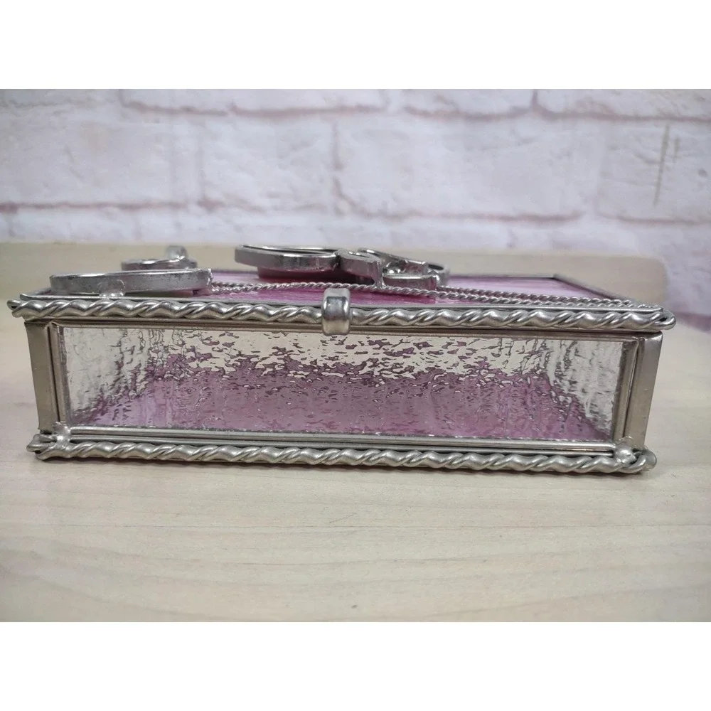 Vtg Stained Pink Slag Glass Jewelry Storage Box Red Roses 3D Lid
